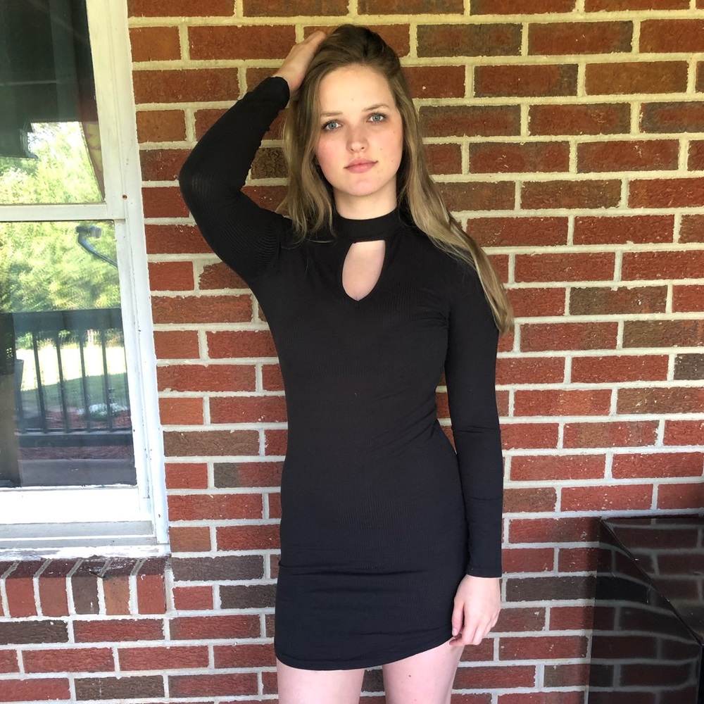 Black Ribbed Choker Neck Dress